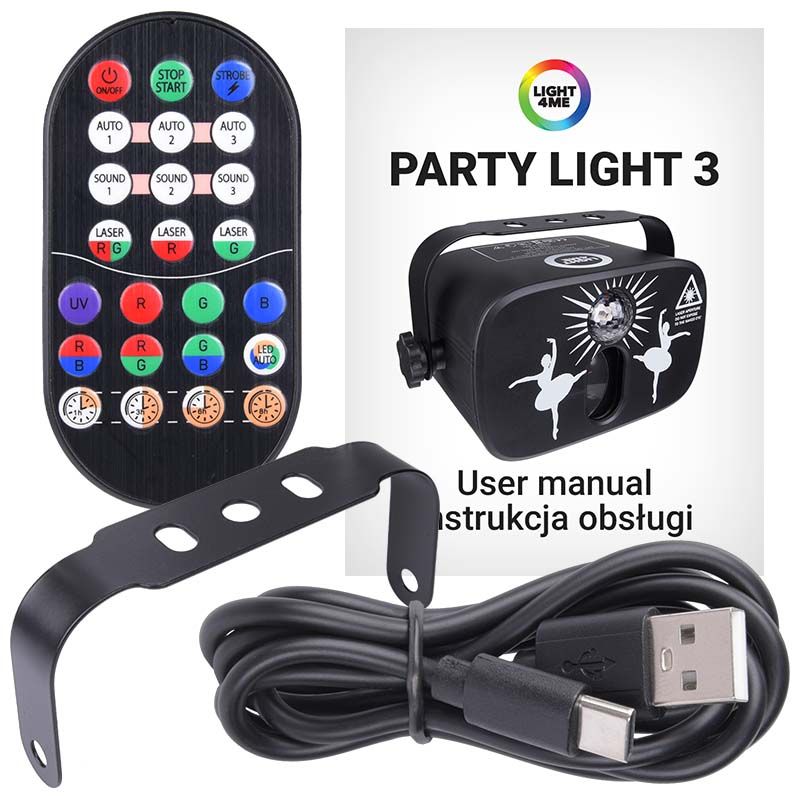 EFEKT ŚWIETLNY LED OŚWIETLENIE DISCO NA IMPREZĘ LASER KULA RGB + PILOT Model PARTY LIGHT 3