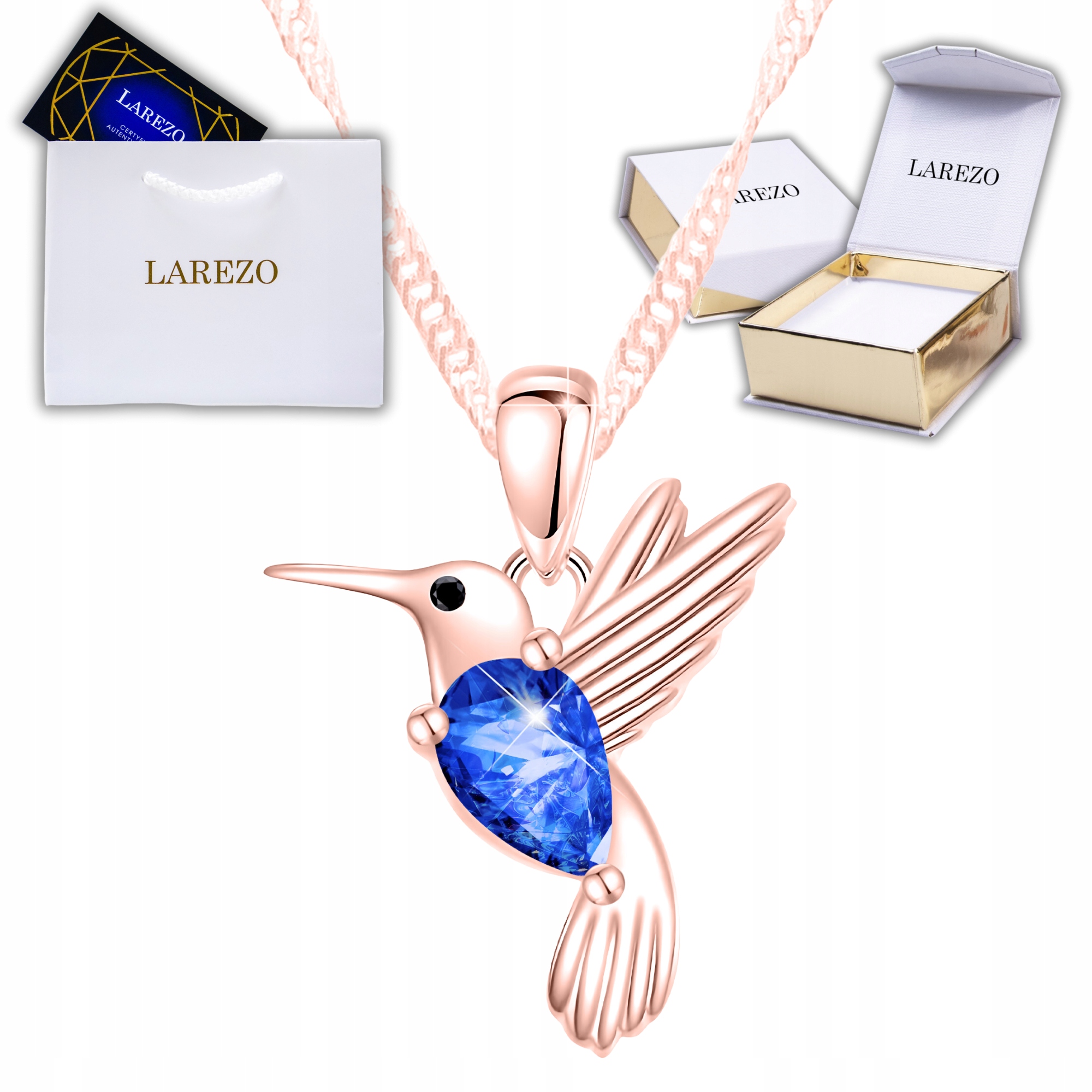 Růžový náhrdelník s ptákem Vlaštovka Modrý Křišťál Ptáček Stříbro 925