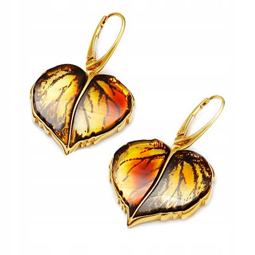 Zlaté Náušnice s gravírovaným Jantarem stříbro pozlacené Anglické Zapínání