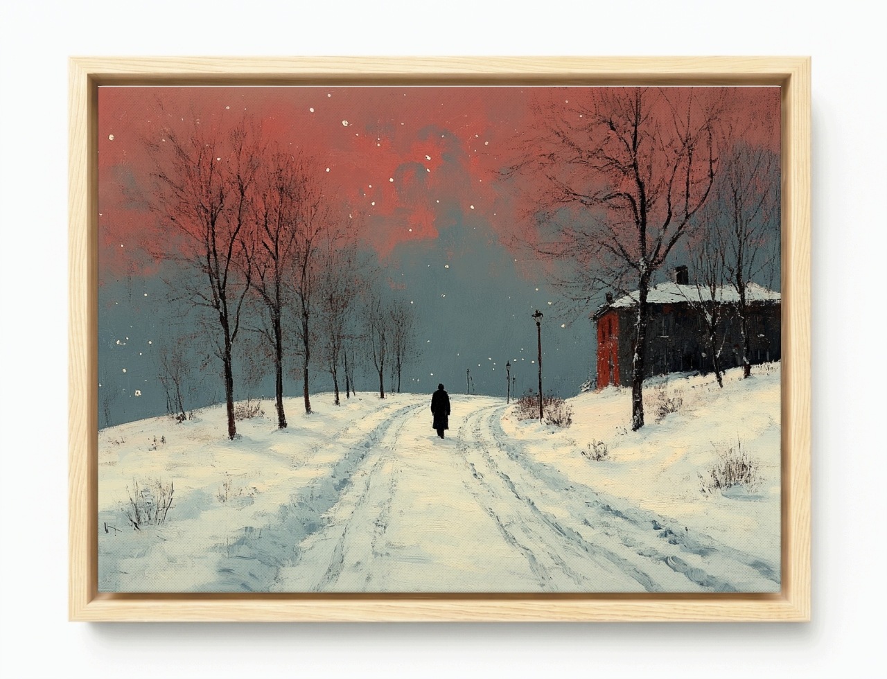 Obraz Rám Americký Box Zima Sníh Stromy Cesta Dům Člověk Krajina 80x60