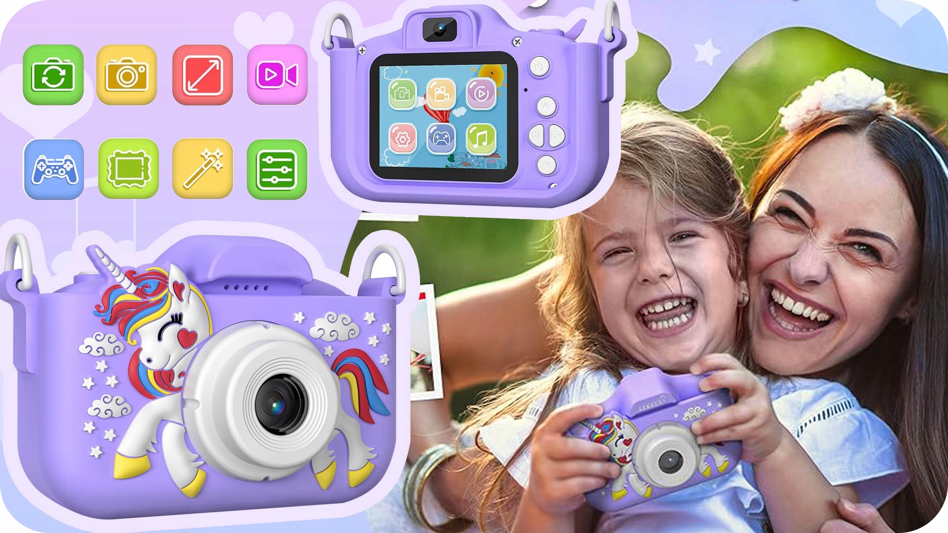 APARAT CYFROWY DLA DZIECI JEDNOROŻEC 48Mpx SELFIE KAMERA+KARTA 32GB MENU PL Stabilizacja brak stabilizacji