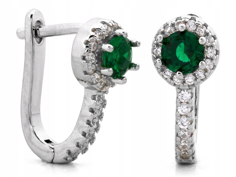 Stříbrné náušnice 925 se zirkony a zeleným očkem, na anglické zapínání