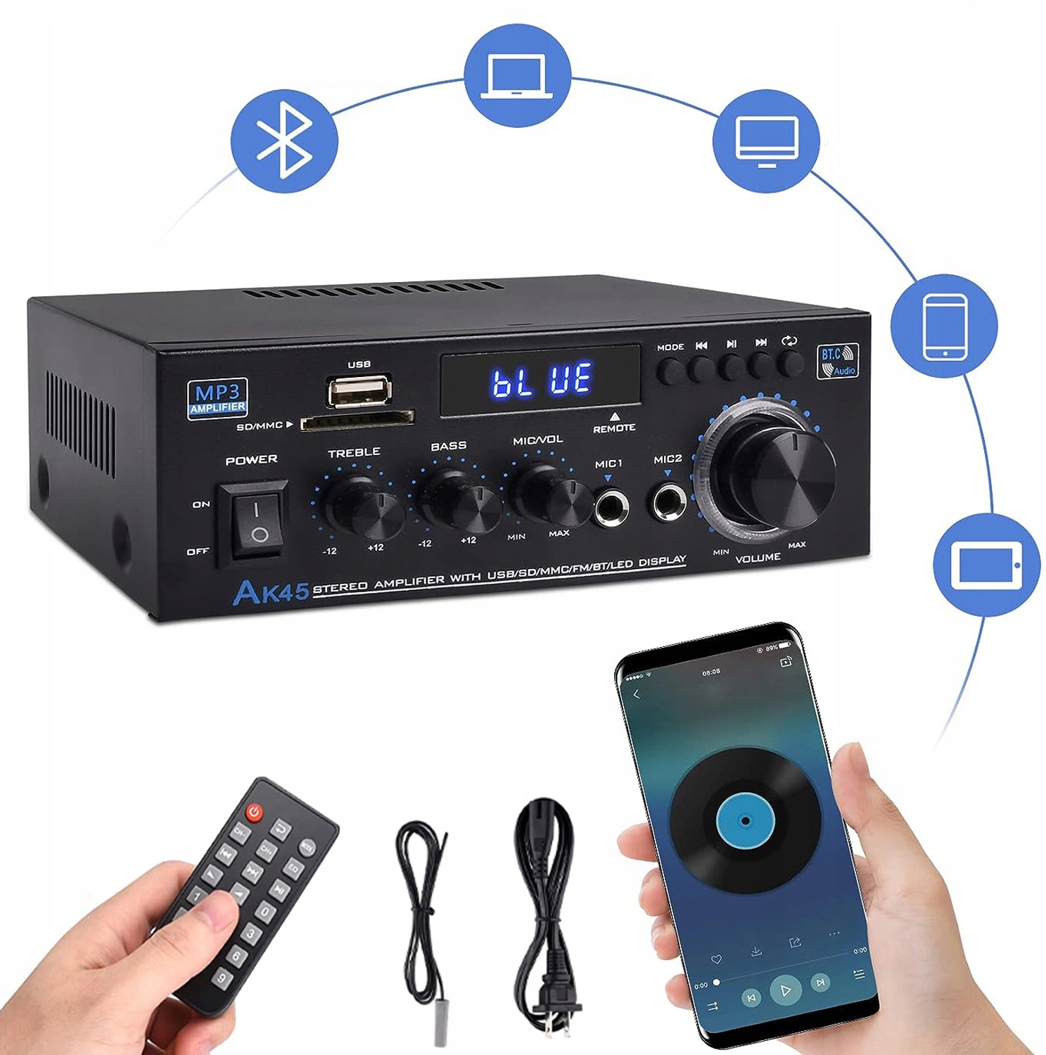 Stereo Zesilovač Kanál 2.0 Hifi AK45 Bt 5.0 Stereo Audio 220V S Dálkovým Ovládáním 400W