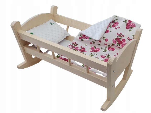 KOŁYSKA DLA LALEK DREWNIANA + POŚCIEL
