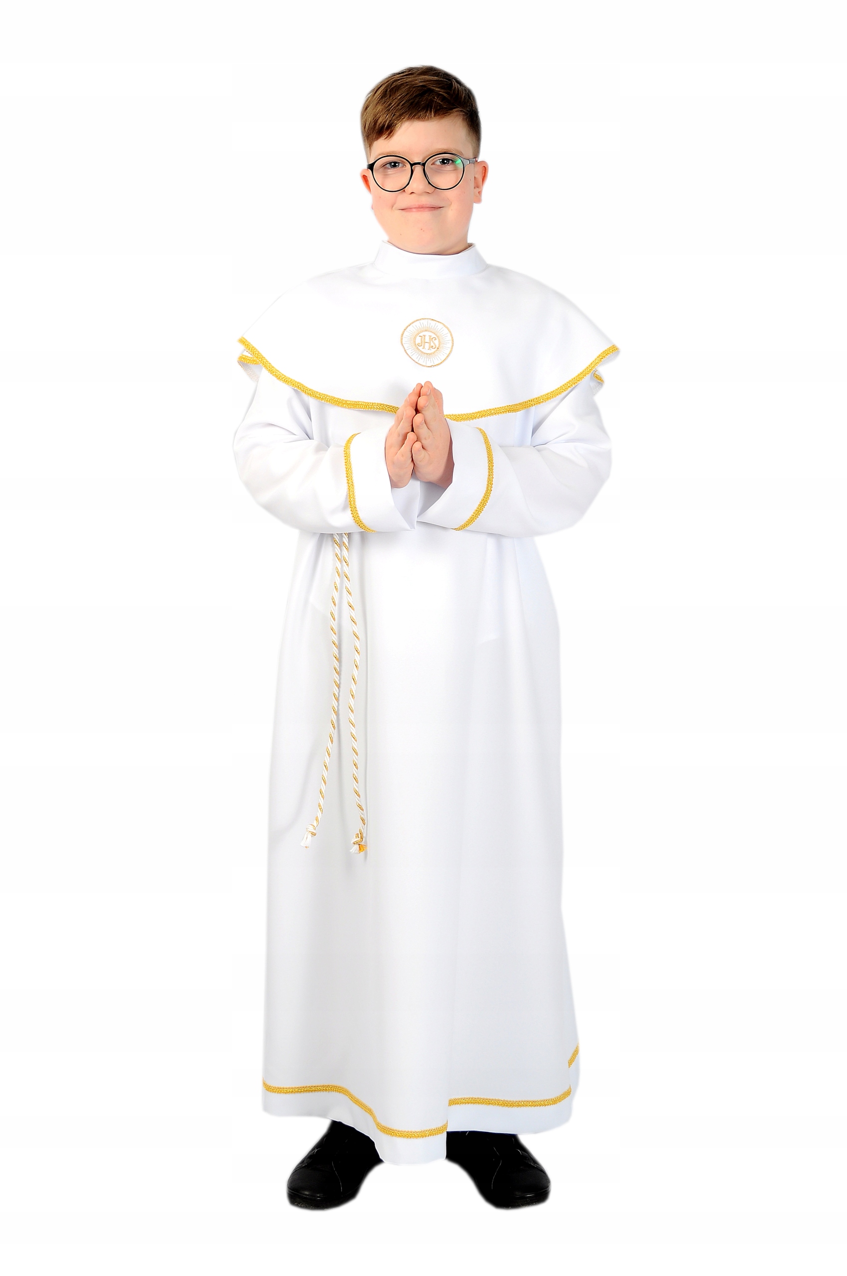 Alba komunijna dla chłopca ze sznurem złote obszycie komunia roz 140