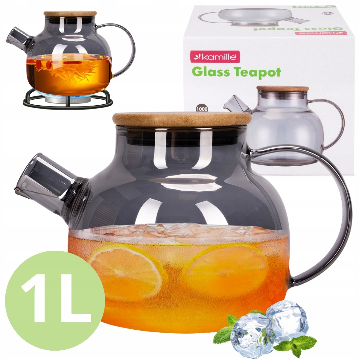 SZKLANY DZBANEK DO HERBATY lemoniady ZAPARZACZ z pokrywką KAMILLE 1000 ml