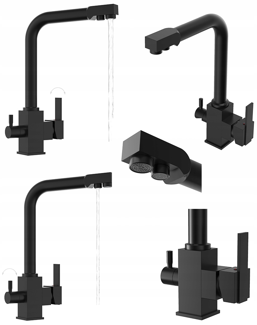 Kuchynská trojcestná batéria pre vodný filter, kohútik Node, čierny výtokový filter