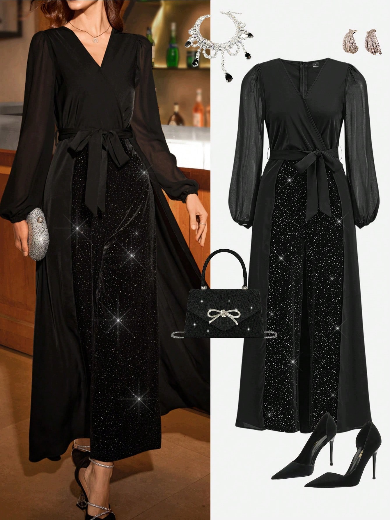 Kombinéza S Pláštěm Černá Dlouhý Rukáv Brokátová Elegantní Shein M 38