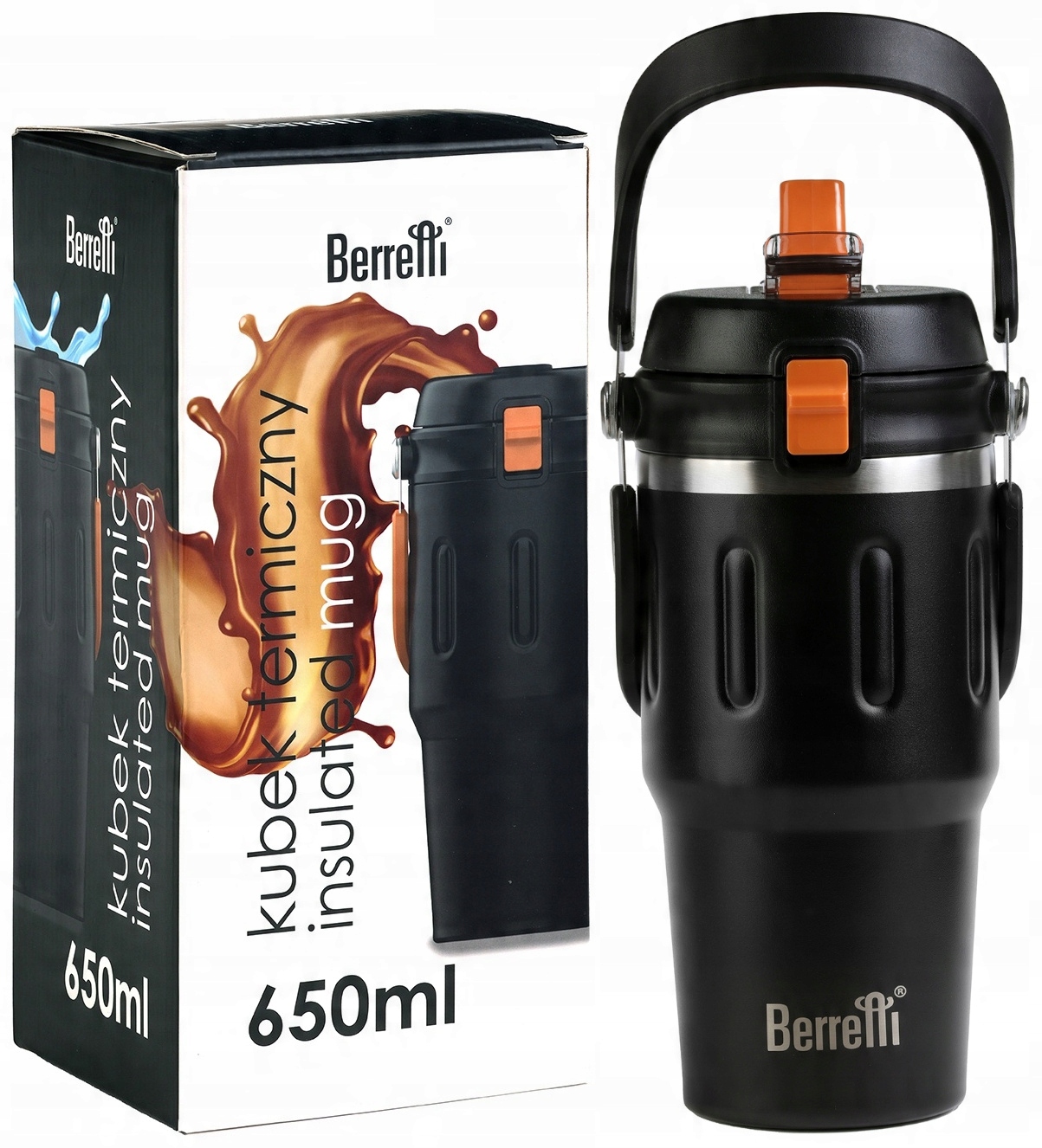 Kubek termiczny ze słomką na kawę wodę Duży 650 ml Berretti Czarny Szczelny