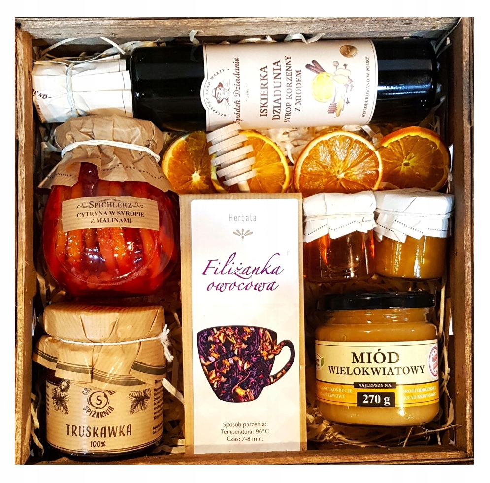 Levně Koš Box Dárková Sada Dárek Čaj Med Zavařenina Dárek