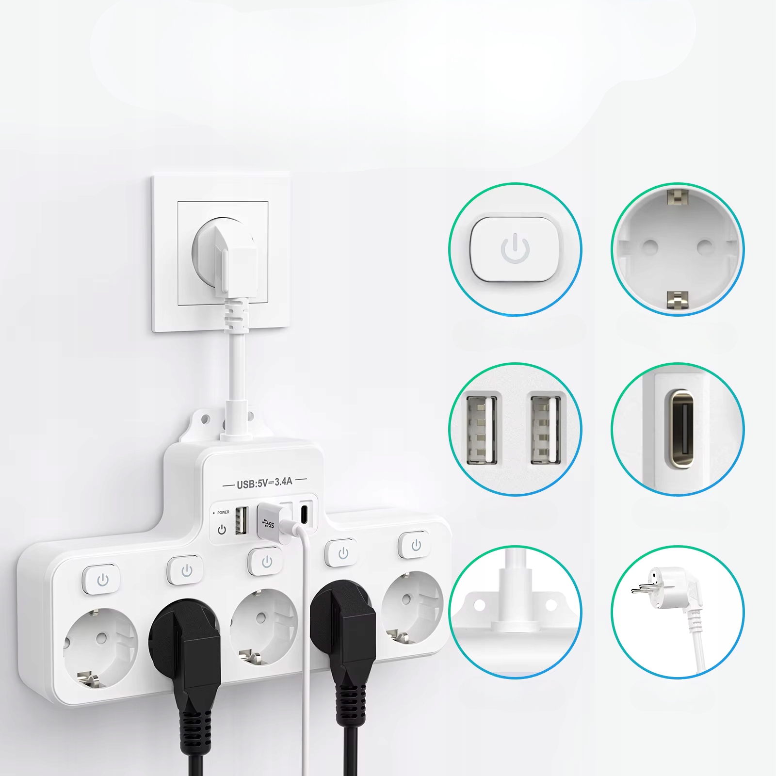 Zásuvková Lišta Prodlužovací kabel s vypínačem 5 zásuvek 4 Usb nabíječka