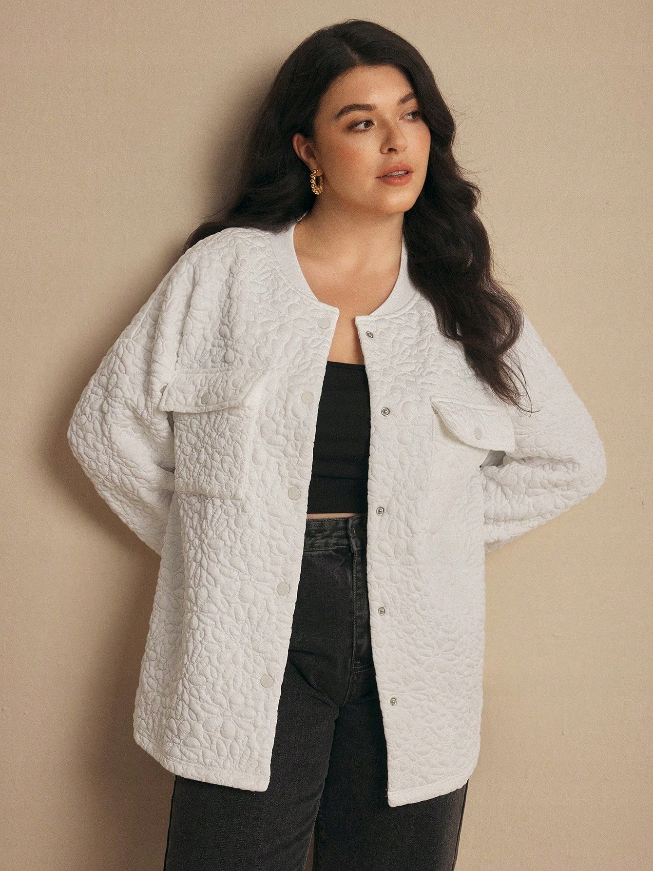 Texturovaná Bunda Se Sníženými Rameny, Bílá Shein Casual XXL 44