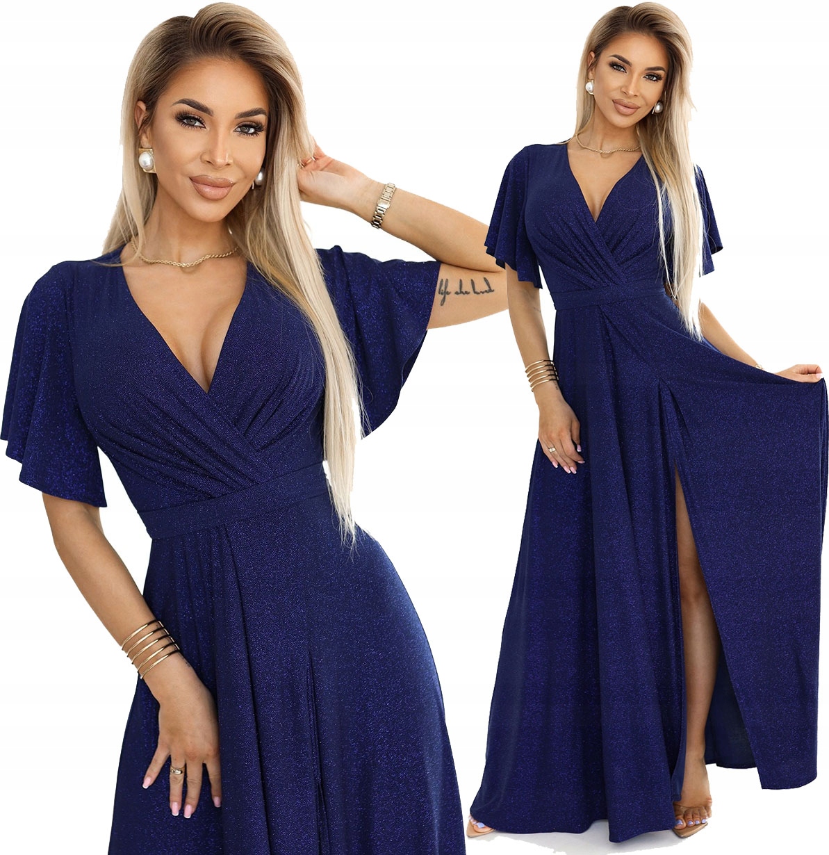 Elegantní Večerní Šaty S Výstřihem A Rukávkem, Tmavě Modré Se Třpytkami, Velikost S