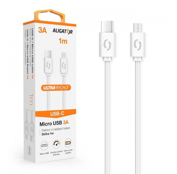 Aligator Kabel danych Power 3A, Usb-c microUSB biały
