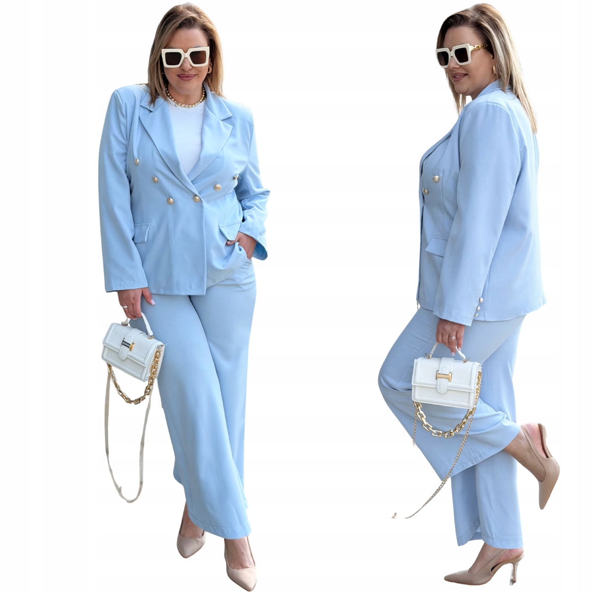 Garnitur Plus Size na Wesele na Guziki Damski Cavaricci Błękitny