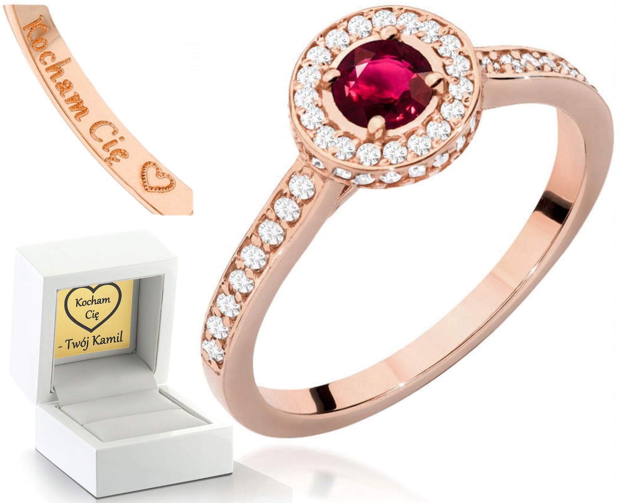 Prstýnek S Rubínem Růžové Zlato Brilianty Gravírování 585 Bonus Dárek
