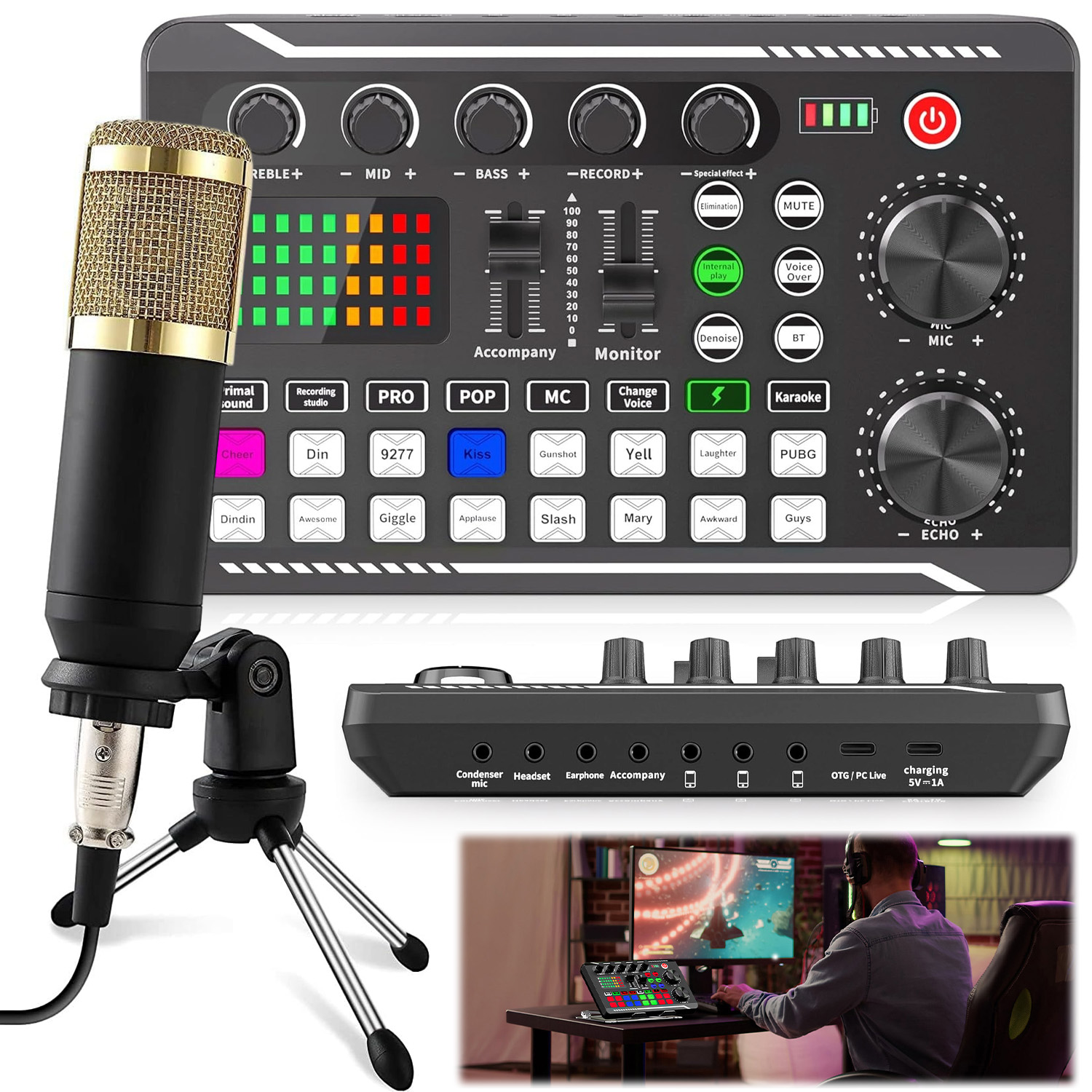 Studiová Sada Kondenzátorový Mikrofon Mixer Audio Zvukovou Kartou Dj