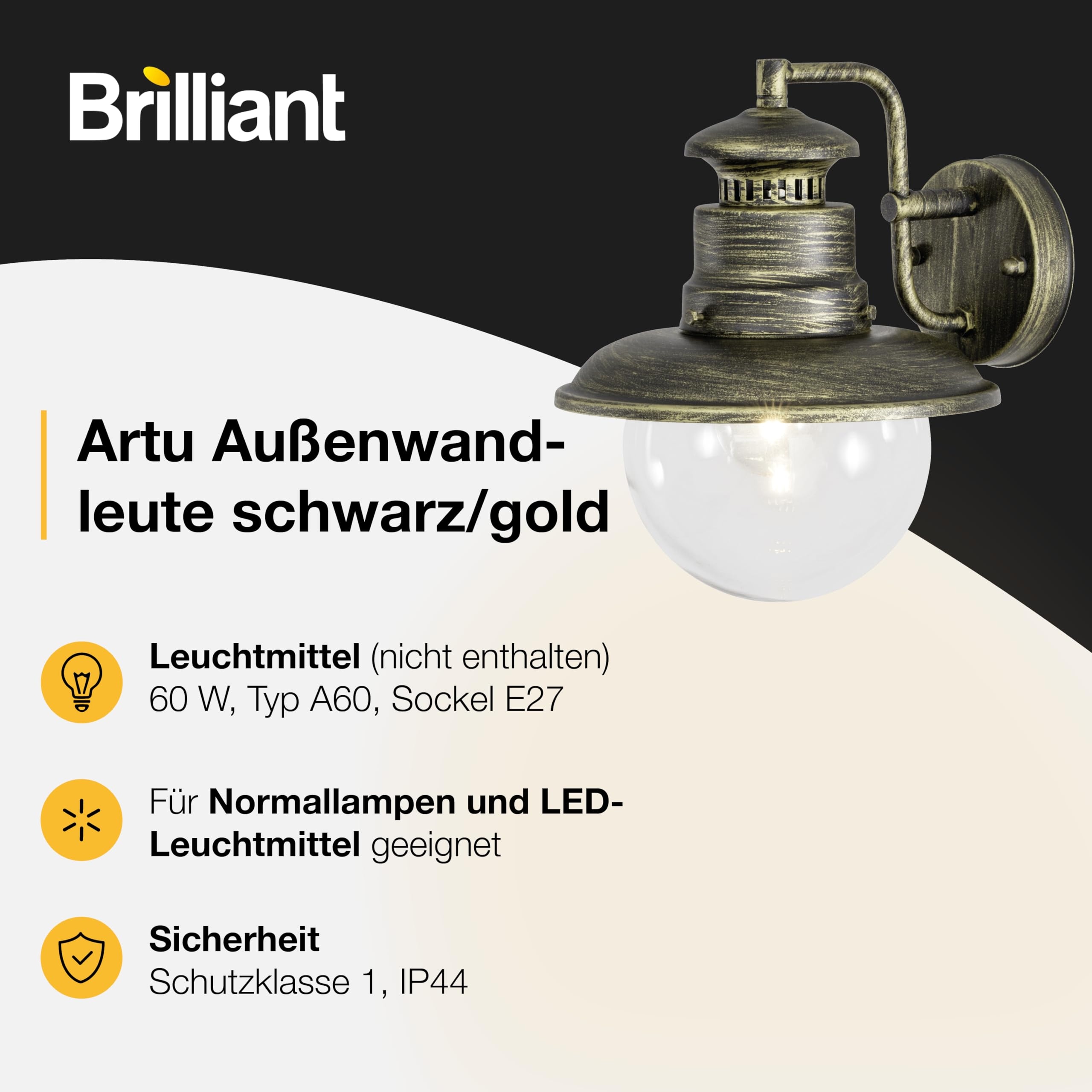 BRILLIANT Lampa Zewnętrzna Artu Wisząca Czarna Złota E27 60W IP44 — miniatura 3