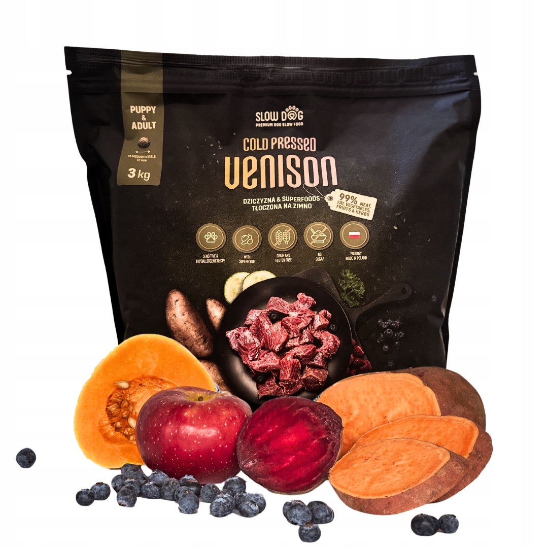 Levně Slow Dog Suché Krmivo Zvěřina & Superpotraviny 3 kg Lisované Za Studena