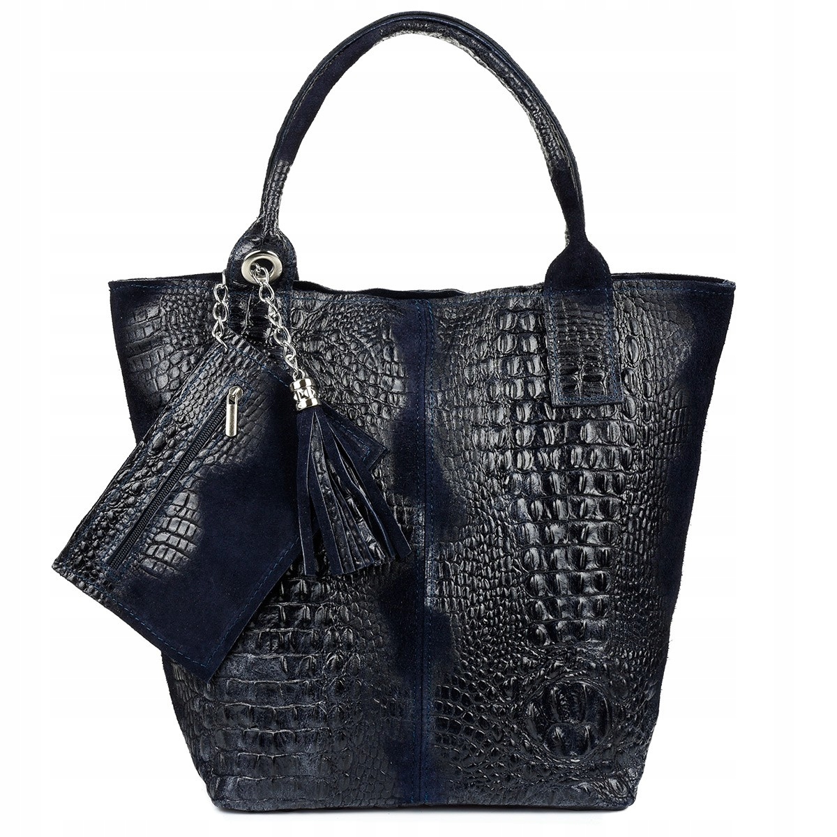 Tmavě modrá shopper kabelka, velká dámská kožená taška, taška Croco L94