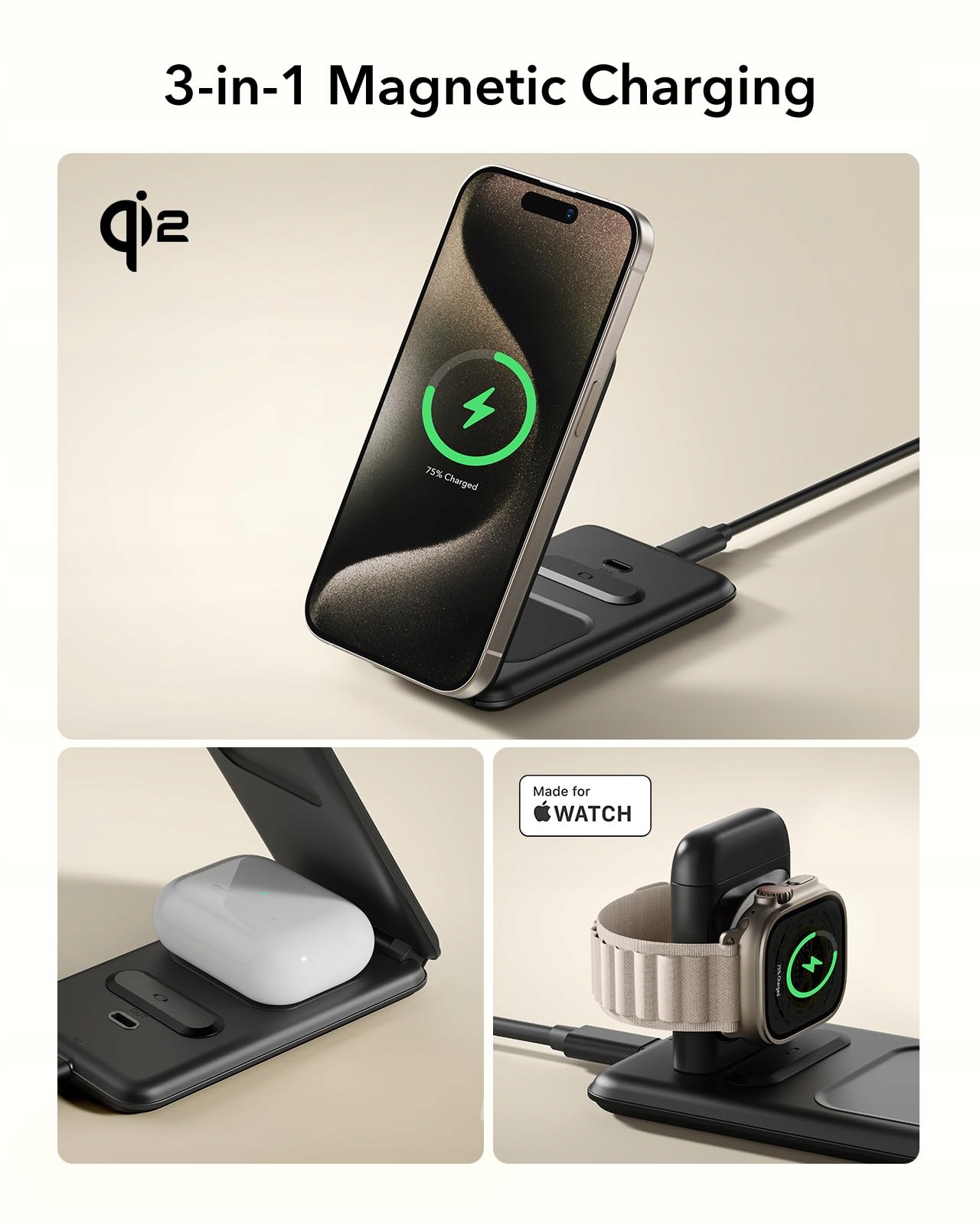 ESR Stacja Ładowania 3w1 Qi2 Dla iPhone Watch AirPods 15W MagSafe — miniatura 8