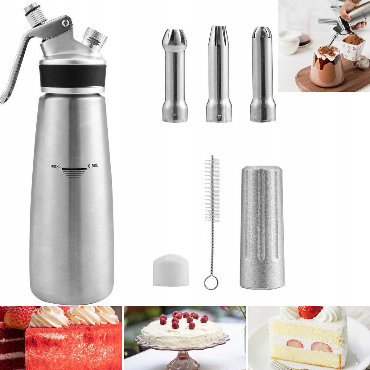 Hliníkový Sifon Na Šlehačku 0.5 L Se 3 Koncovkami Z Nerezové Oceli