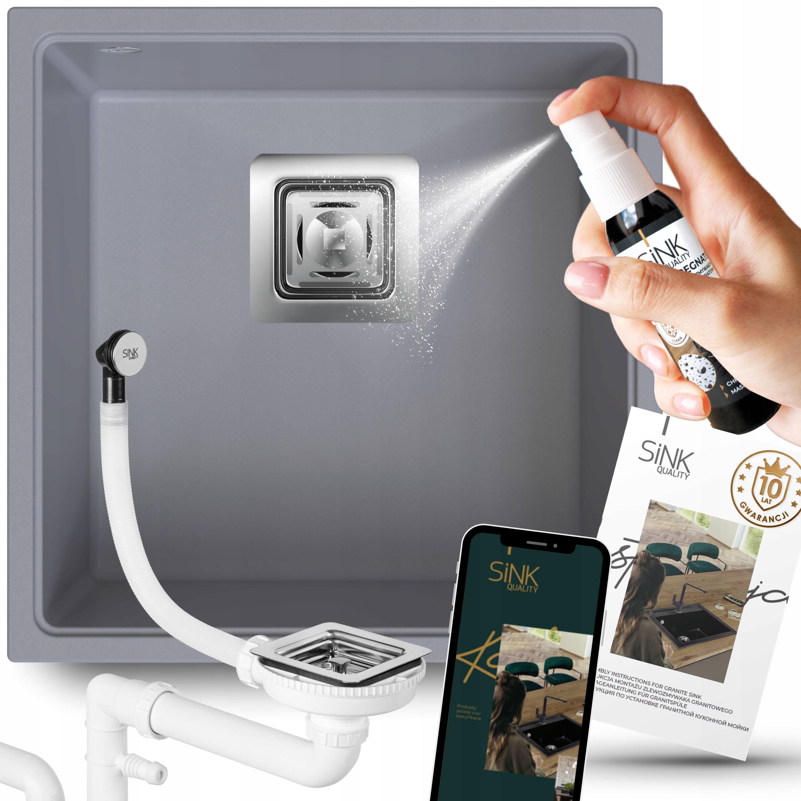 Závesný drez pod dosku Sivý Granitový Jednokomorový 9v1