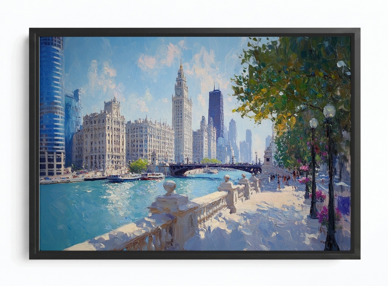 Obraz Rama American Box Město Usa Chicago Řeka Mrakodrapy Most Pohled 60x40