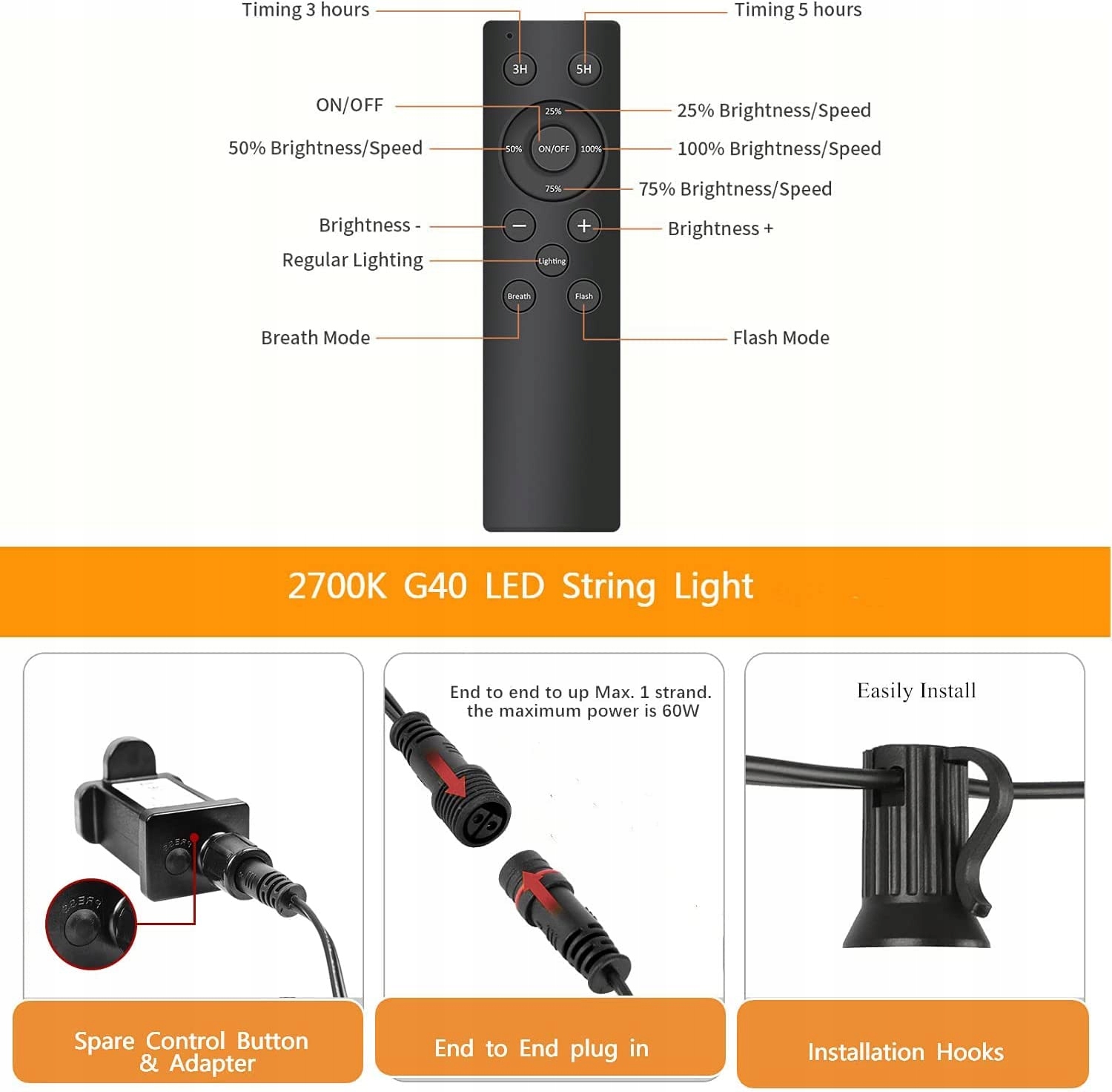 YUUCIO Girlanda 30M Lampki Zewnętrzne LED Z Pilotem 50+2 G40 Żarówki — miniatura 6