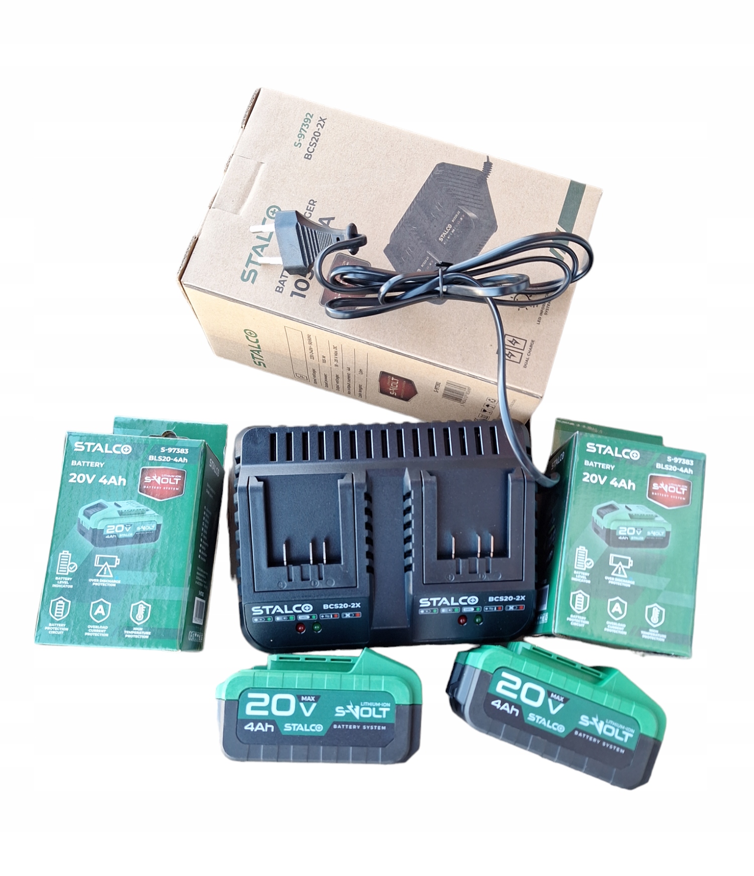 STALCO ŁADOWARKA AKUMULATORÓW BATERII + 2X AKUMULATOR 20 V 4 Ah S-VOLT — zestaw 3 produktów