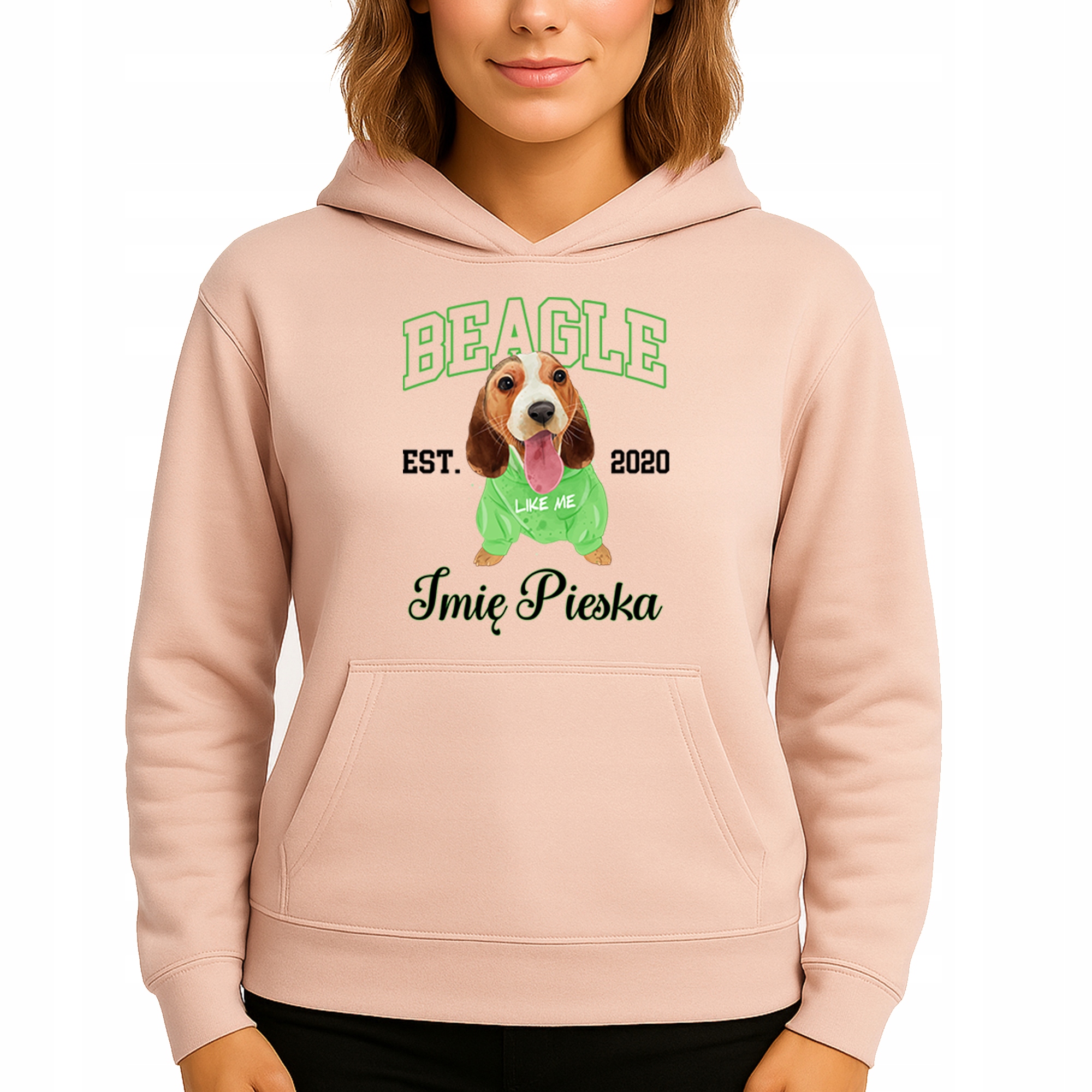 Mikina S Kapucí Broskvová bavlněná mikina Beagle *Jméno psa* M