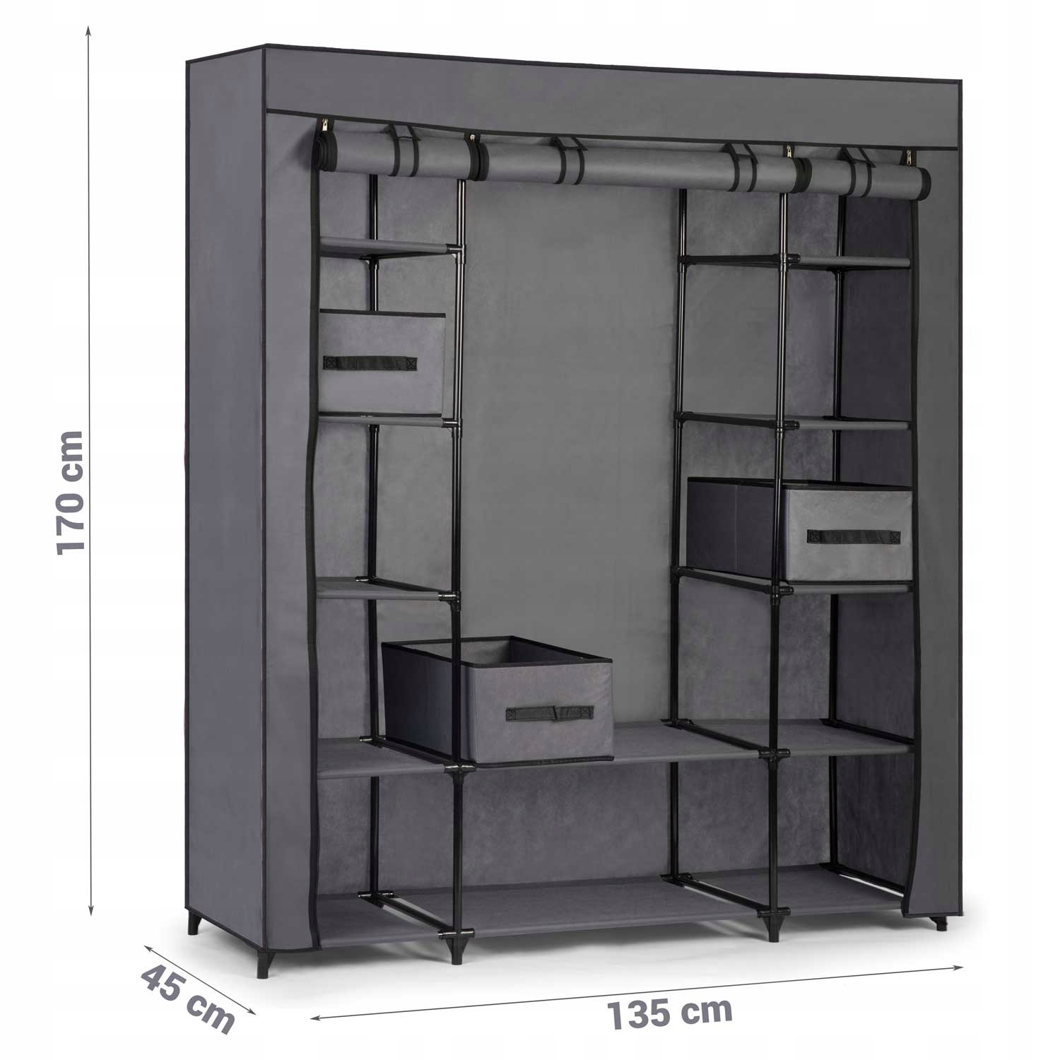 SZAFA Materiałowa XXL GARDEROBA Z PÓŁKAMI SZUFLADY Wysokość mebla 170 cm