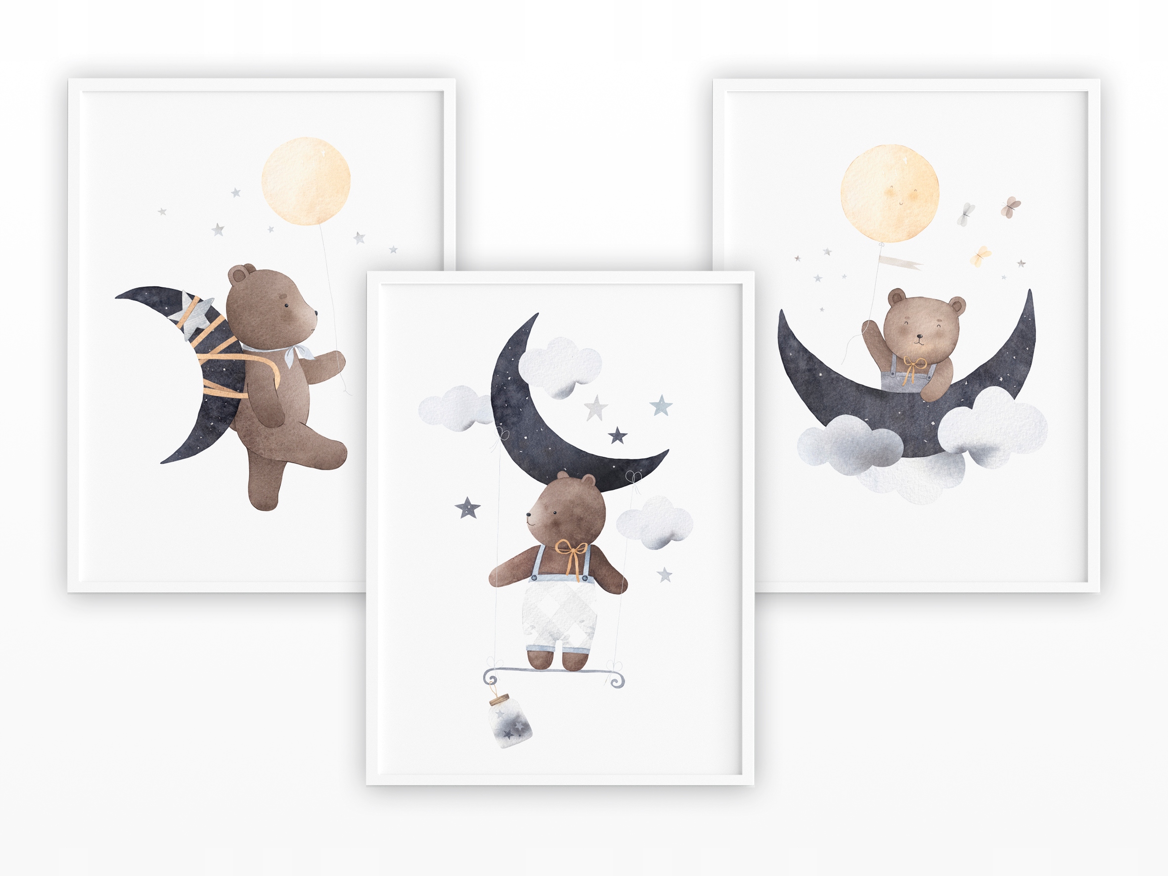 Zestaw 3 Plakatów Obrazków A4 Do Pokoju Chłopca z Misiami i Księżycami
