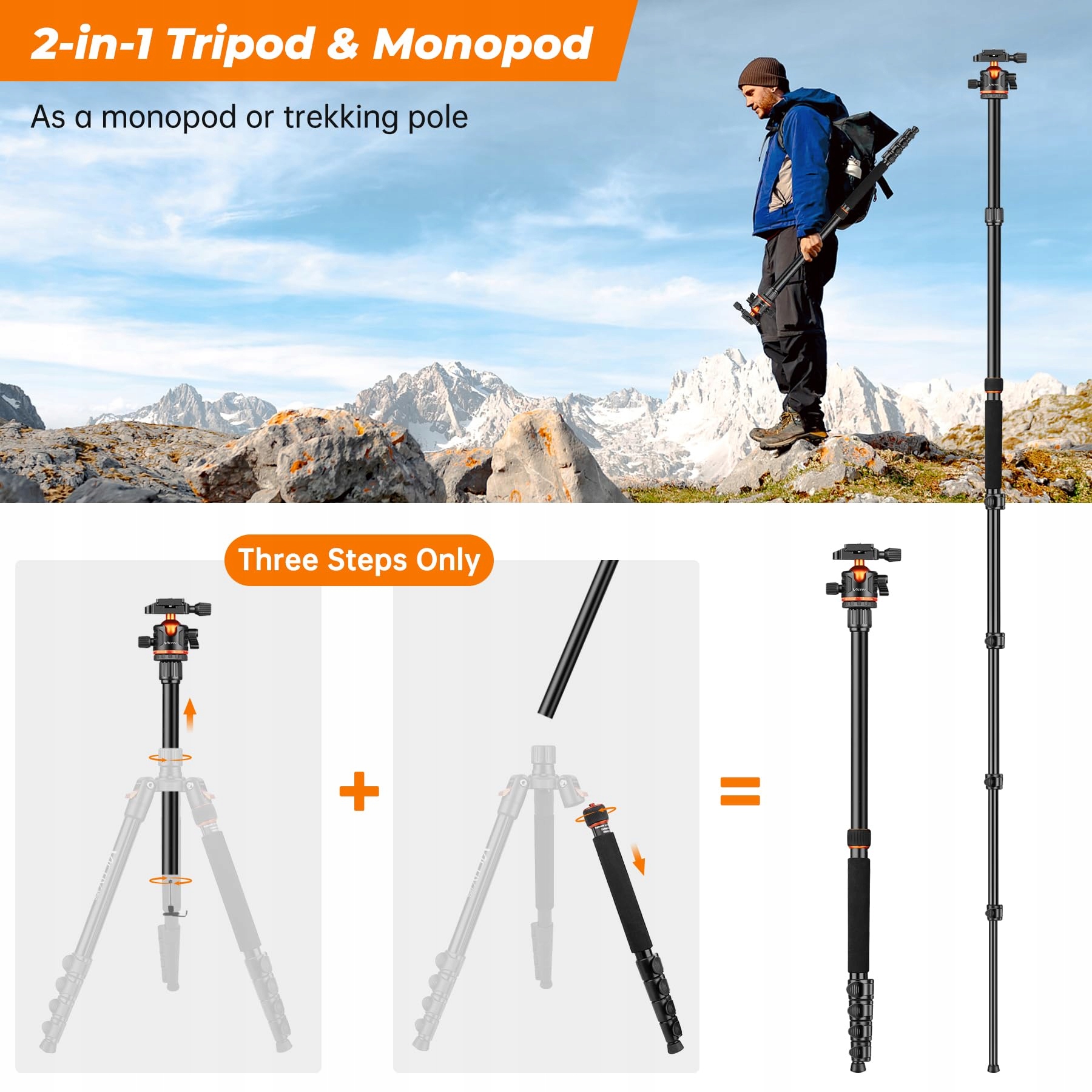 VICTIV Statyw Kamera 200cm Aluminiowy Statyw Podróżny DSLR i Smartfon — miniatura 8