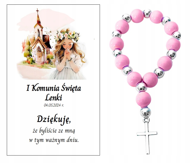 Podziękowanie dla gości RÓŻANIEC DZIESIĄTEK KOMUNIA PAMIĄTKA PERSONALIZACJA