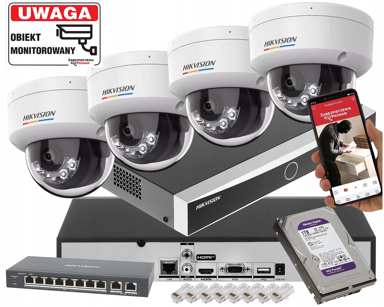 Zestaw monitoringu 4 kamery Ip kopułowe Hikvision 4x DS-2CD1147G2H-LIU 4Mpx