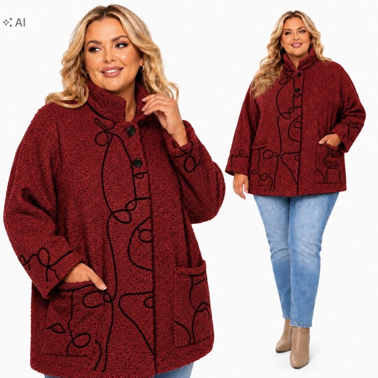 Kabátek přechodový typu pláštěnka bunda boucle výšivka Plus Size 54 56 7XL