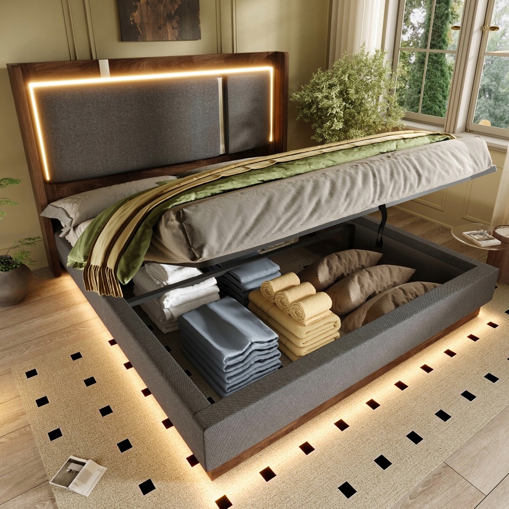 Dvojlůžko čalouněné 180x200 Led hydraulická schránka, šedá tkanina