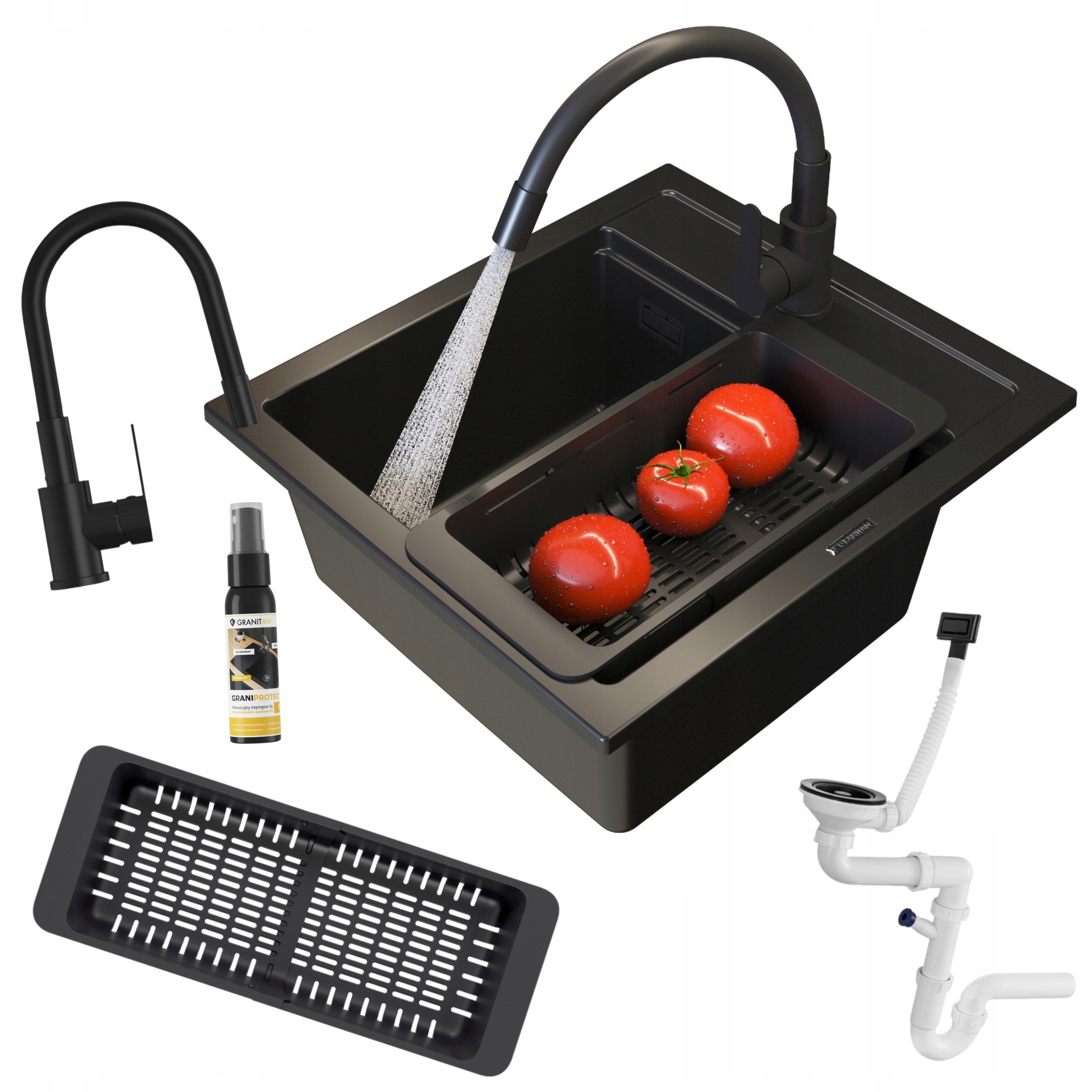 Dřez granitové Stone M kuchyňské jednokomorové Set baterie sifon košík