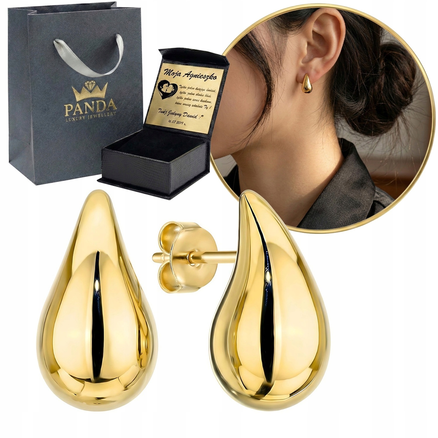 Zlaté Náušnice Kapky 585 Hladké slzy Tyčinka Dárek pro ženu Gravírování