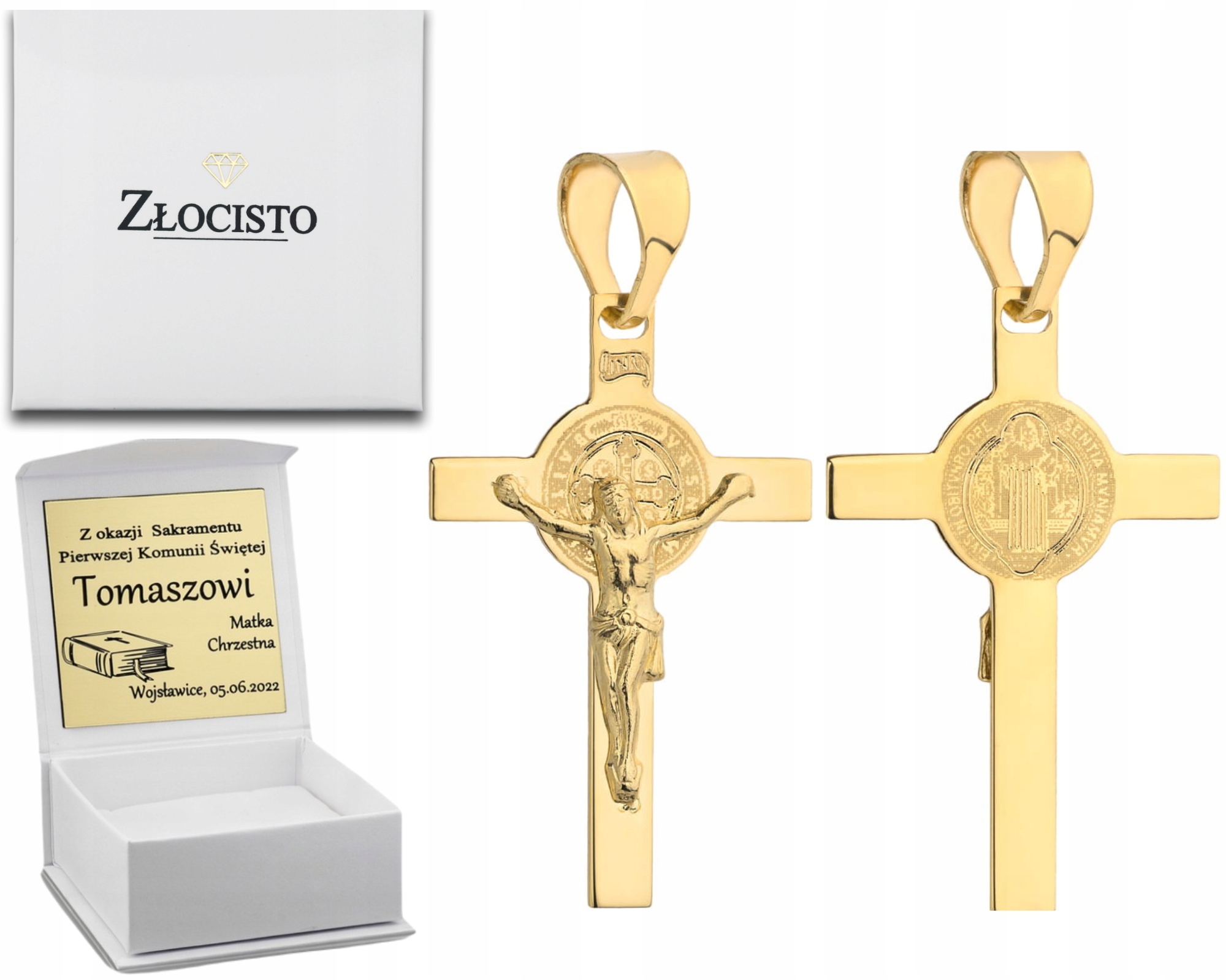 Zlatý křížek k benediktinskému přijímání 585 14K Gravírování Bonus jako Dárek