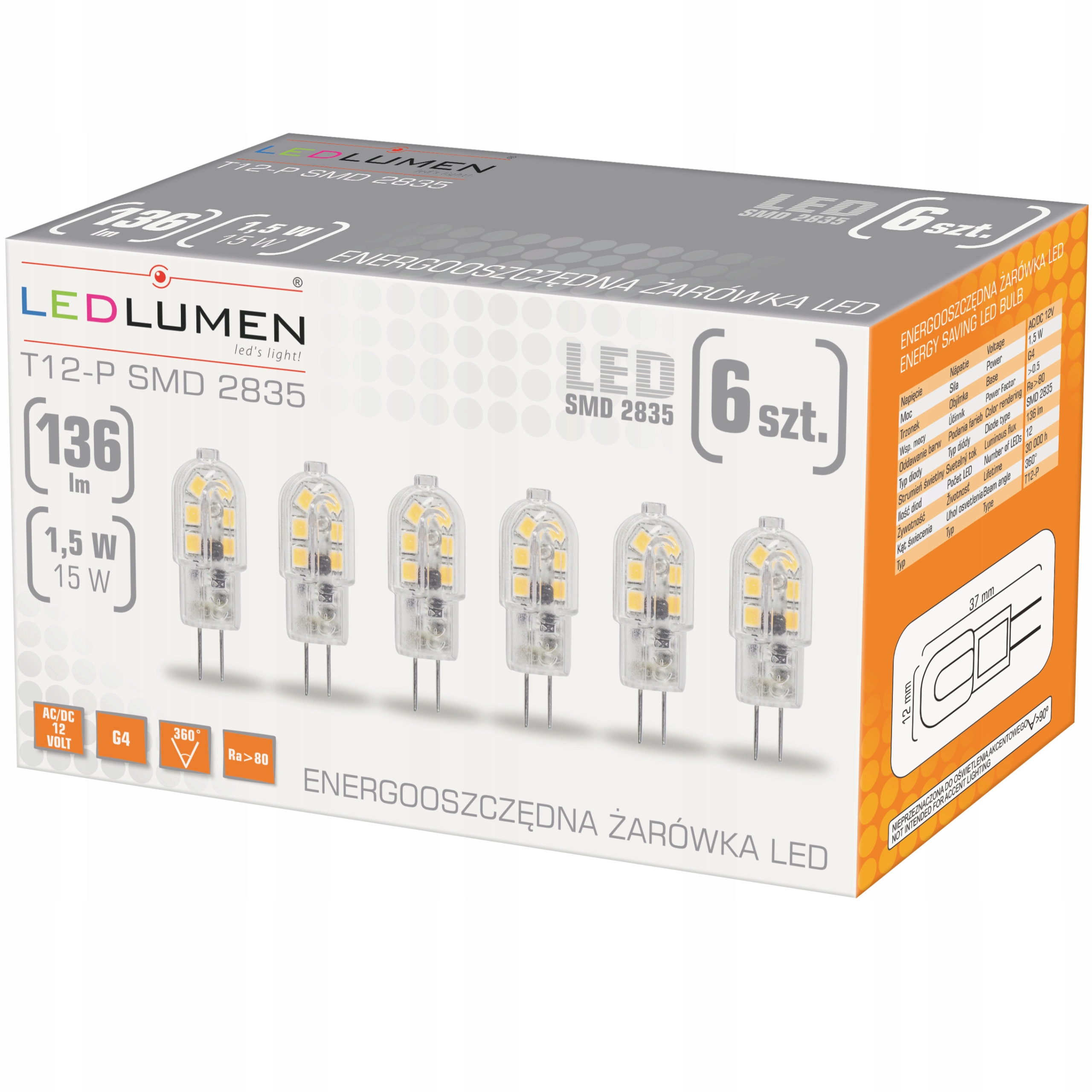 

Zestaw 6x Żarówka Led G4 12V Ac/dc 1,5W=15W 136lm