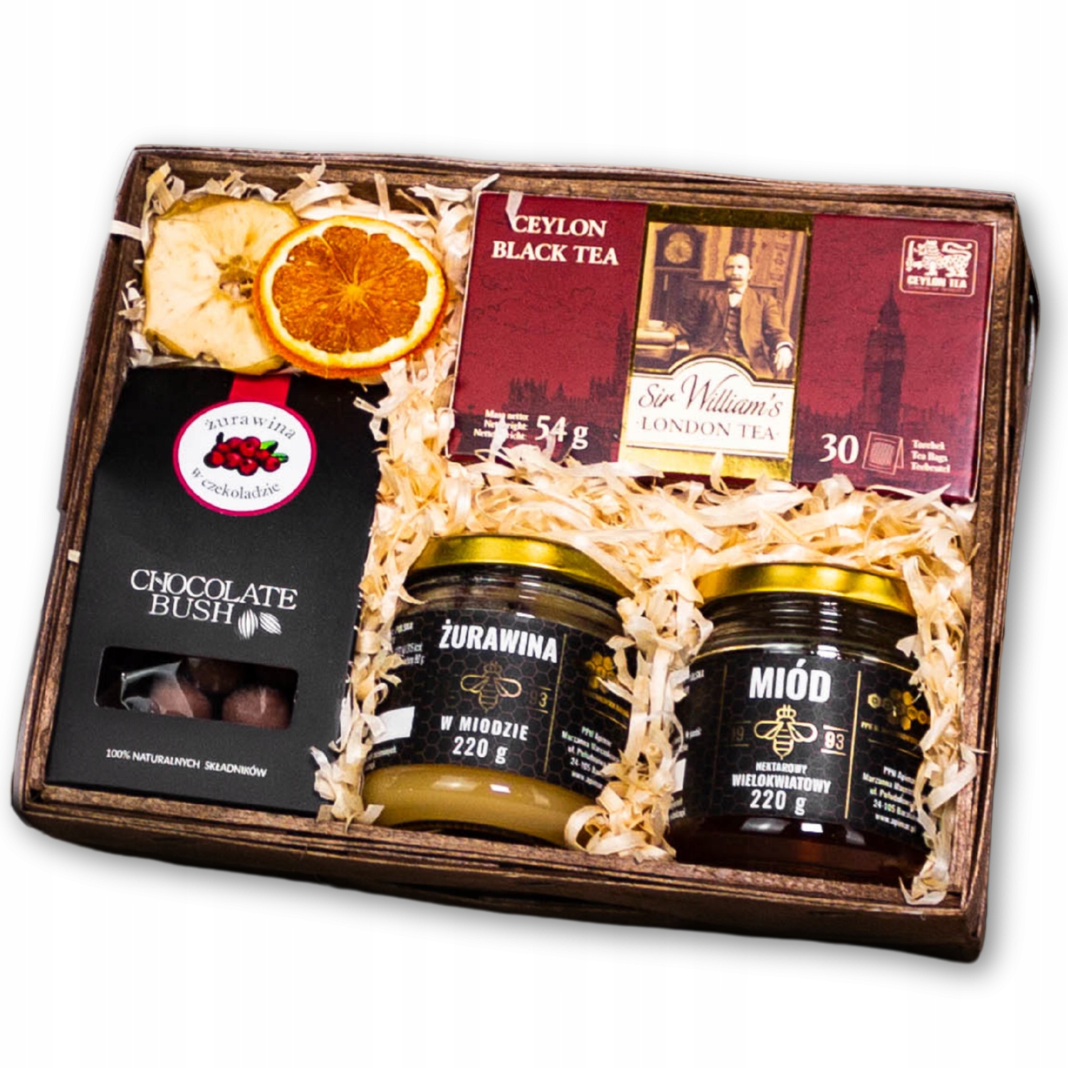 Levně Dárkový koš Hotový Dárek – s brusinkami v čokoládě, medem a čajem