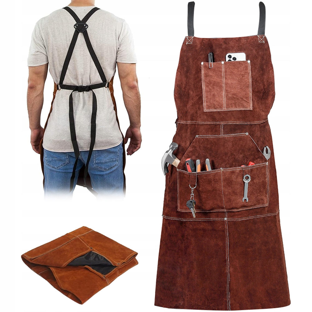 Kožená Svařovací Pracovní Zástěra S Nastavitelnými Křížovými Kapsami