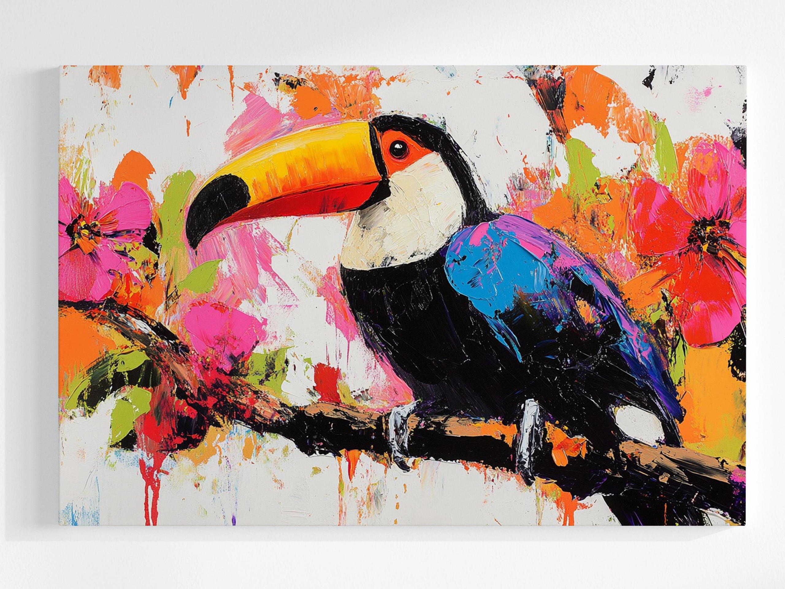 Obraz Na Plátně Canvas Grafika Příroda Barevný Pták Tukan Květiny 120x80