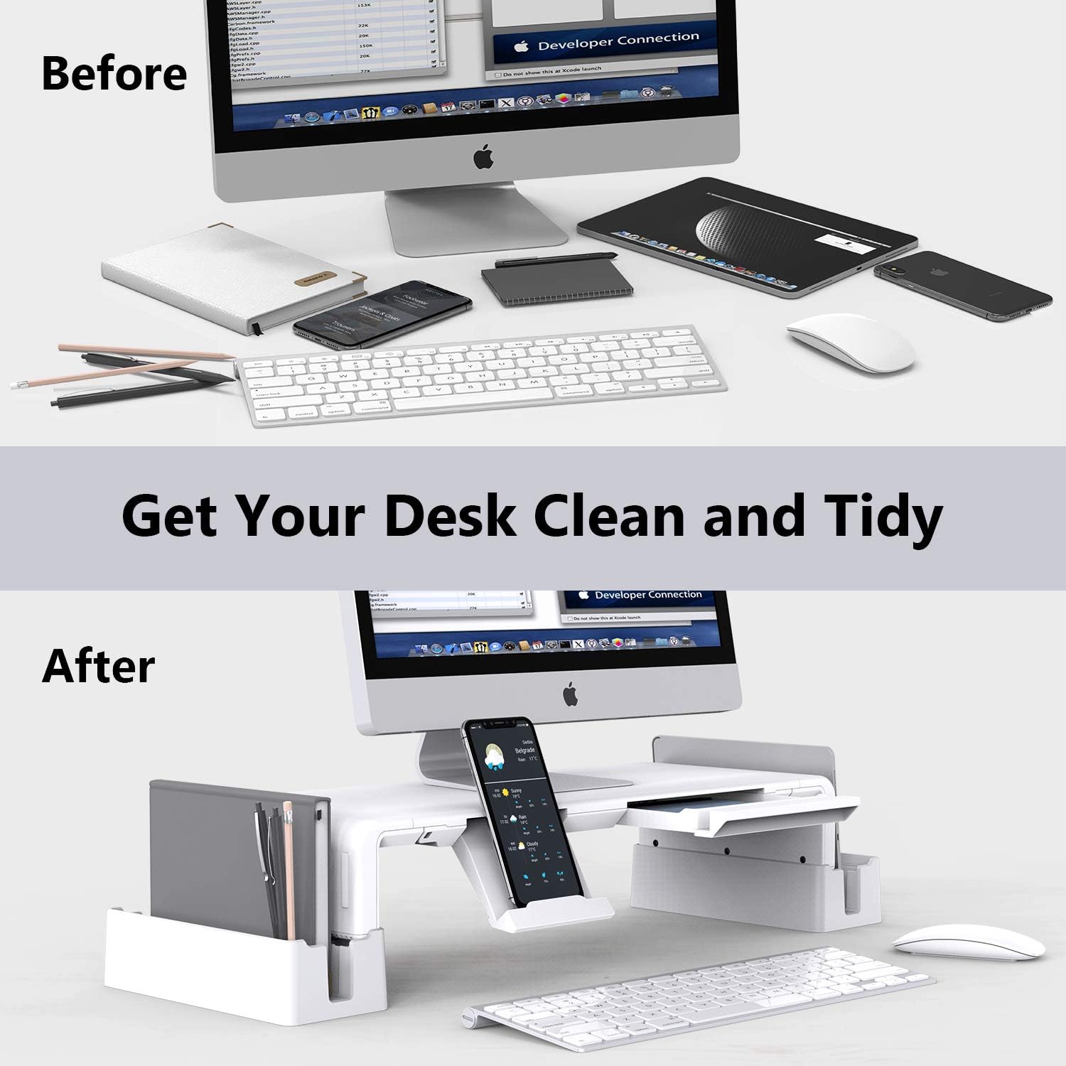 PODSTAWKA POD MONITOR REGULOWANA BIAŁA + 2 STOJAKI DO PRZECHOWYWANIA Kod producenta 64441528