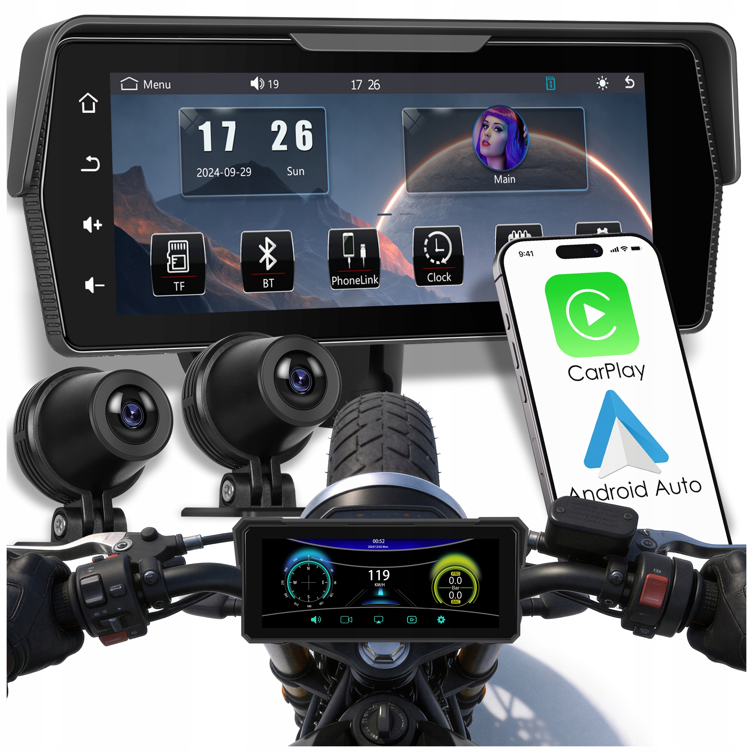 Motocyklová Stanice 2 Kamery Dvr Navigace Carplay Zrcadlo Android Auto 6,86"