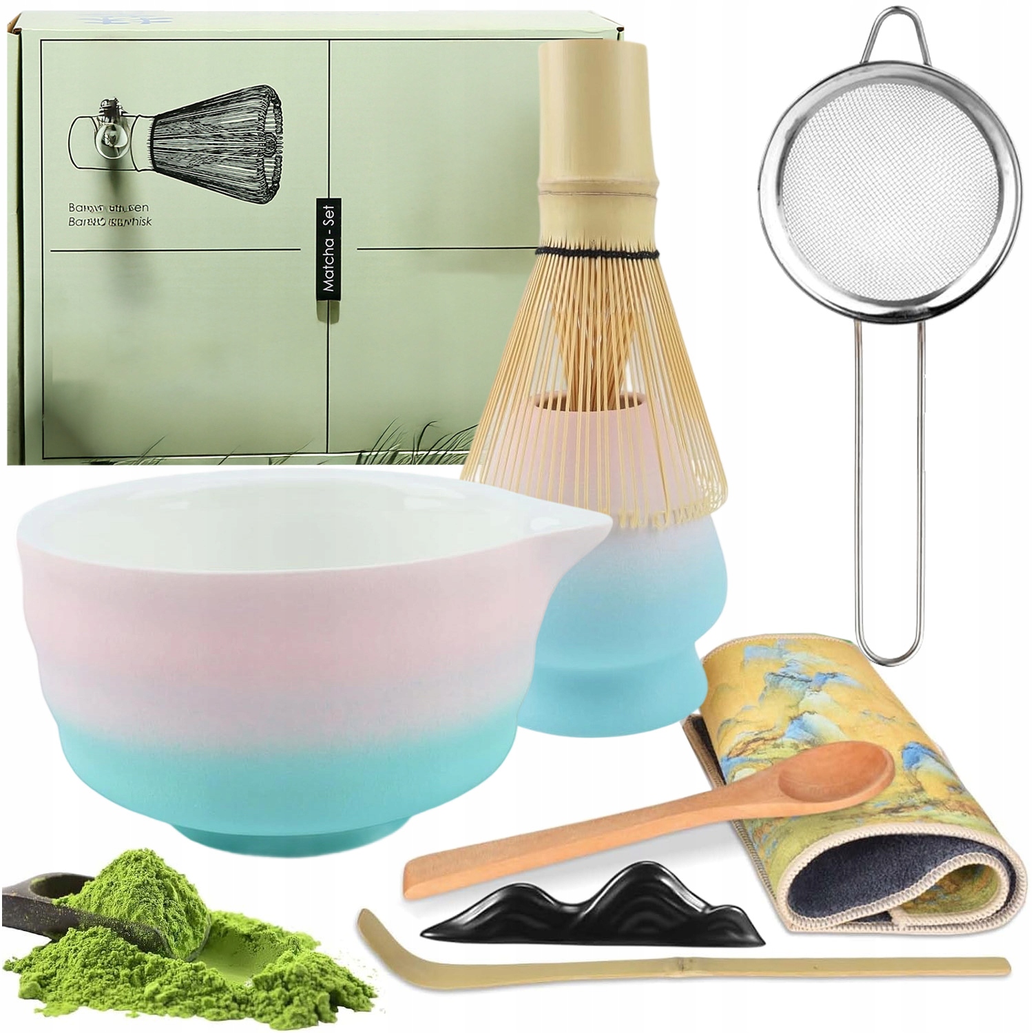 Zestaw Prezentowy Do Herbaty Matcha Czarka Miotełka Podstawka Łyżeczka 8W1