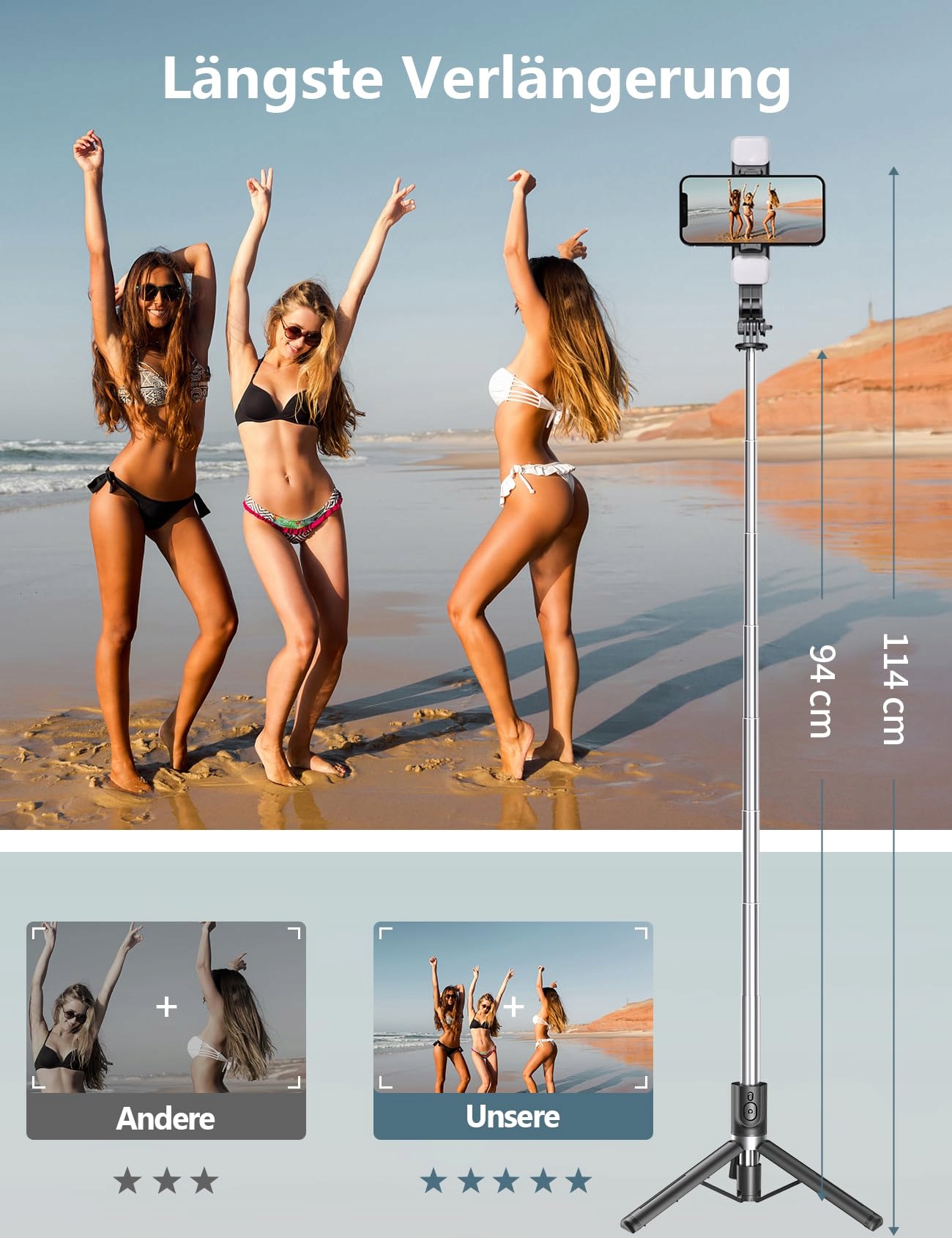 SELFIE STICK Stativ Z Lampą 114cm Do iPhone Samsung Android — miniatura 3