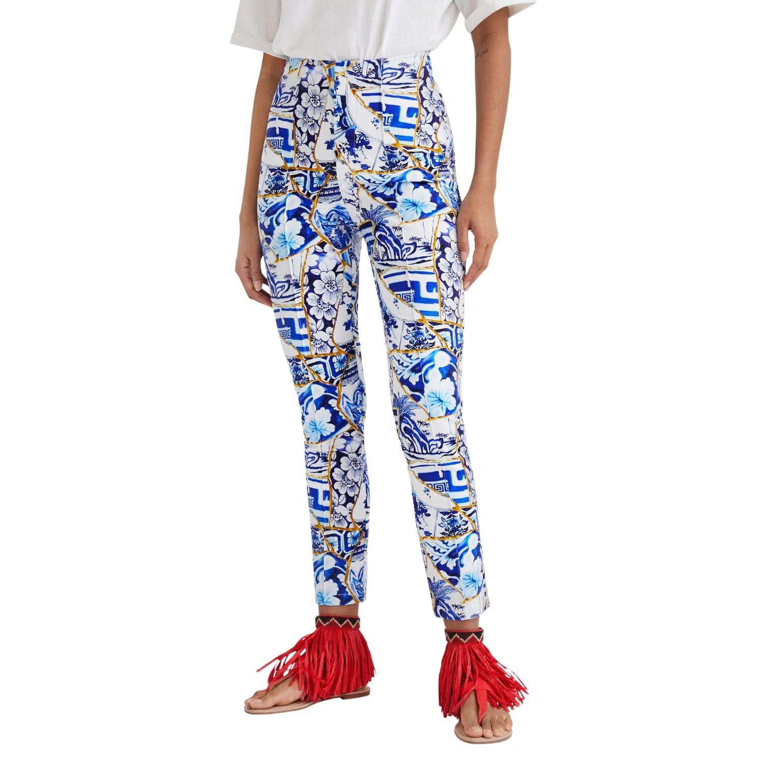 Dámské kalhoty Desigual x Stella Jean s modrými vzory, velikost vel.